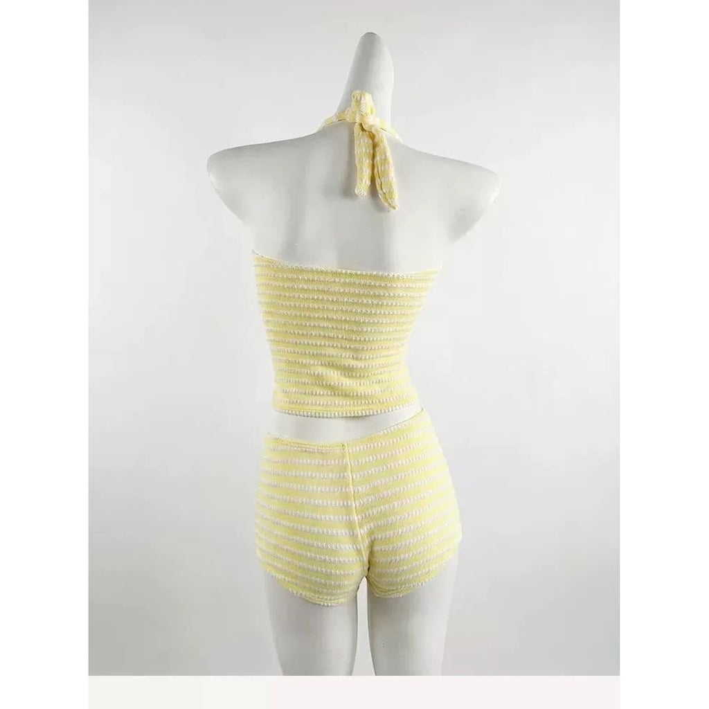 Sweet and Spicy Halter Neck Dopamine Yellow Stripe Bikini Top