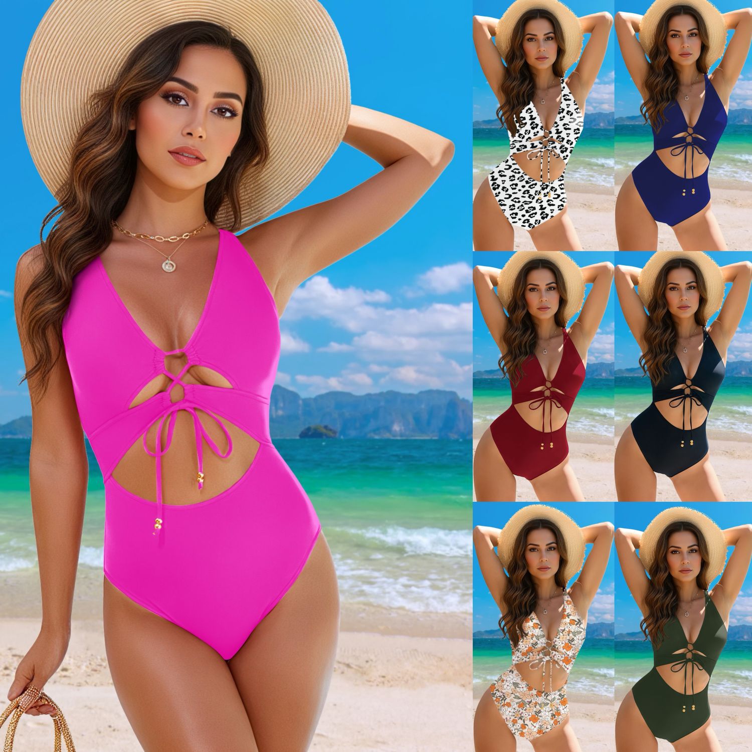 Backless lace up one-piece swimsuit for women