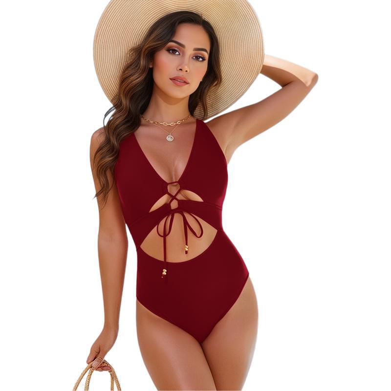 Backless lace up one-piece swimsuit for women