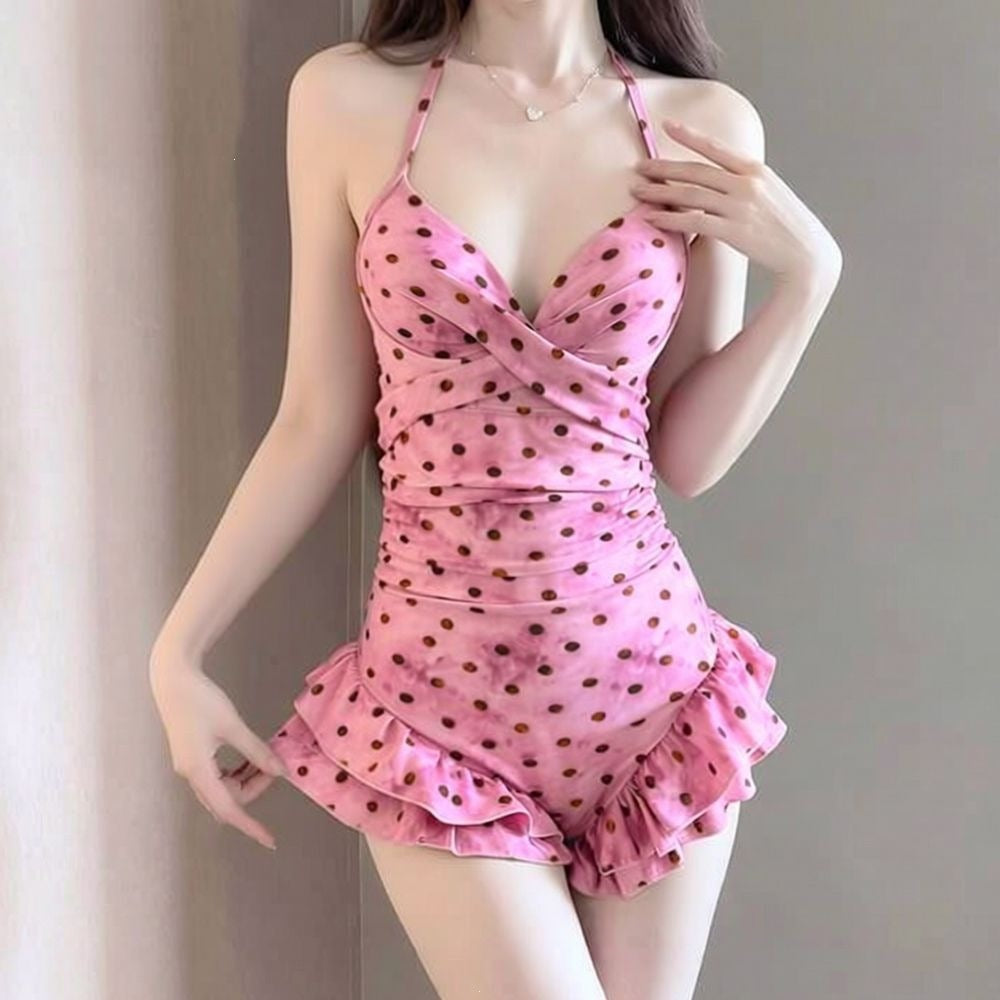 Pink Polka Dot Ruffle One-Piece Swimsuit for Women