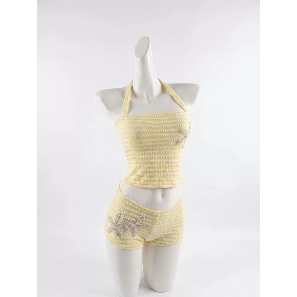 Sweet and Spicy Halter Neck Dopamine Yellow Stripe Bikini Top