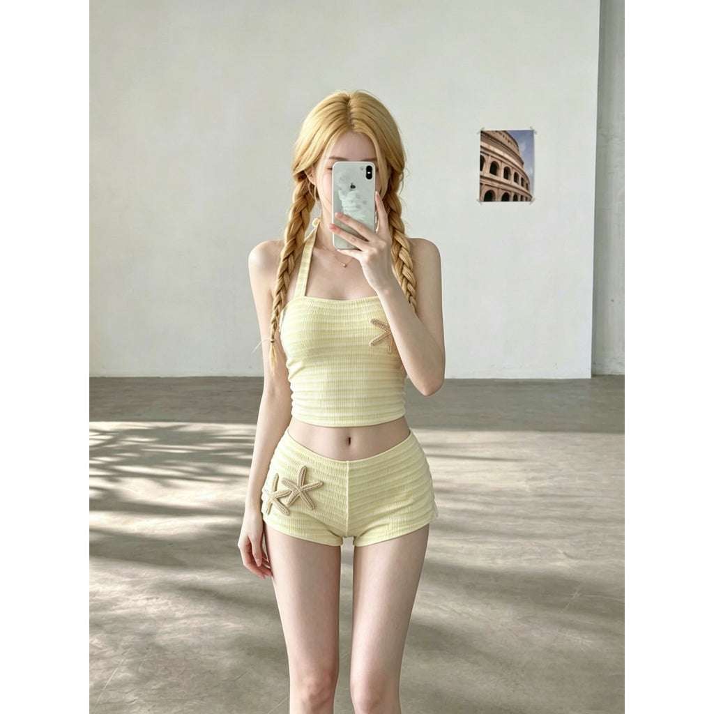 Sweet and Spicy Halter Neck Dopamine Yellow Stripe Bikini Top