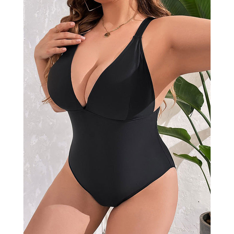 One-piece Plus Size Swimsuit, Slimming V-neck Fitted Open-back Swimwear for Women