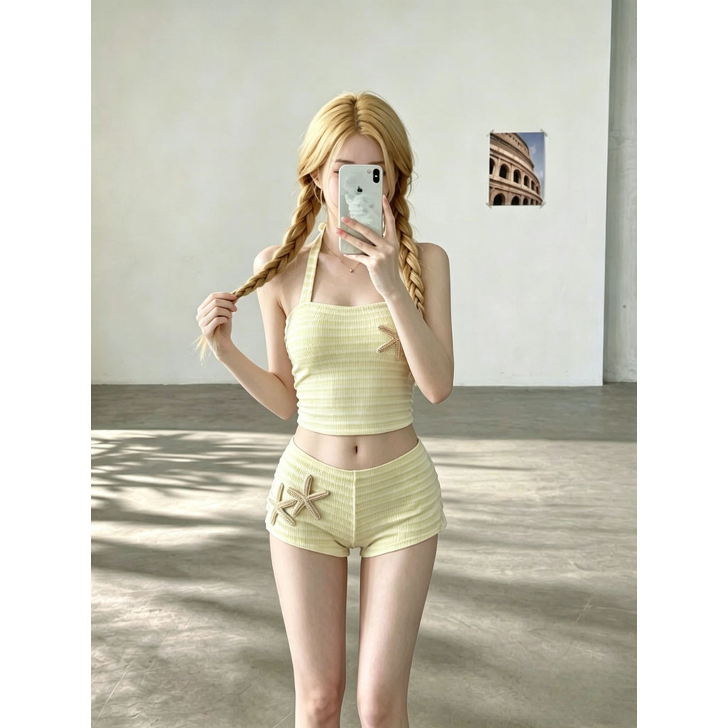 Sweet and Spicy Halter Neck Dopamine Yellow Stripe Bikini Top